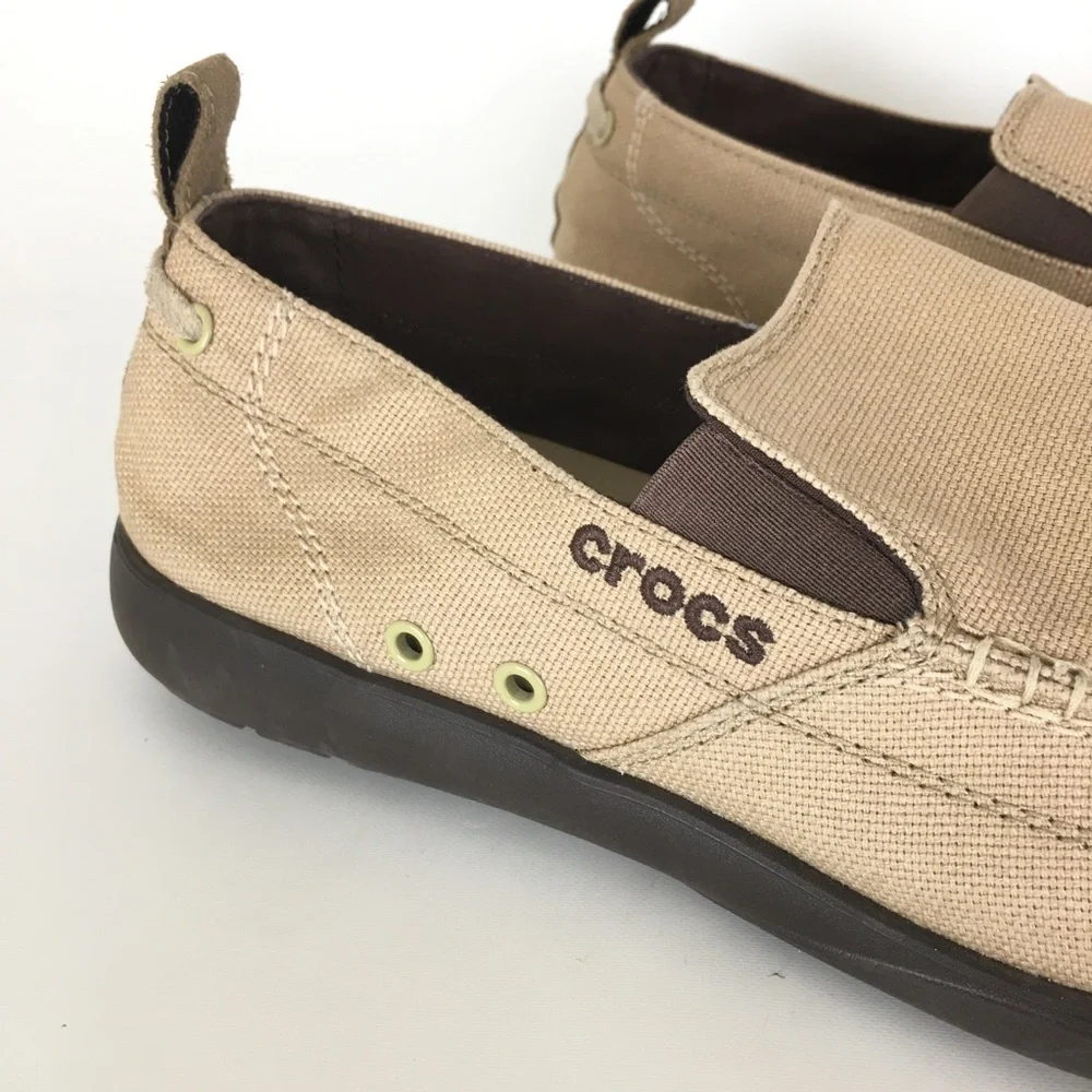 CROCS Walu Men’s Beige Canvas Slip-On Loafer Shoes with Dark Brown Sole Size 13